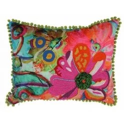 THEDECOFACTORY BRIGHT FLOWERS - <p>Coussin Imprimé Fleurs Avec Pompoms Multicolore 30x40 - Multicolore