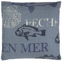 THEDECOFACTORY PECHE - <p>Coussin En Coton Motifs Pêches Et Poissons Bleu 38x38 - Bleu