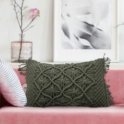 THEDECOFACTORY MACRAME - <p>Coussin En Coton Tressé Vert Kaki Taupe 40x60 - Vert -France Coussin et housse de coussin Soldes Boutique 14033681 5