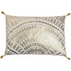 RIDEAUDISCOUNT Houssin De Coussin 40 X 60 Cm Déhoussable Finition Pompons Grand Format Impression Motifs Ethniques Or Metalisé - Doré