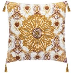 Atmosphera - Housse De Coussin Rosace Brodée Et Pompons 40 X 40 Cm - Ocre