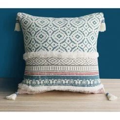 BARES Boho Housse De Coussin Tufting Pompon - Housses De Coussin Carrées Géométrique Tricoté Taie D'oreiller Tissé Avec Fermeture à Glissière Invisible Pour Canapé Et Lit Salon 45cmX45cm (Bleu)