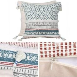 BARES Boho Housse De Coussin Tufting Pompon - Housses De Coussin Carrées Géométrique Tricoté Taie D'oreiller Tissé Avec Fermeture à Glissière Invisible Pour Canapé Et Lit Salon 45cmX45cm (Bleu) -France Coussin et housse de coussin Soldes Boutique 25277248 4