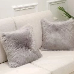 BEARSU Housse De Coussin Gris Fausse Fourrure Deluxe Décoratif Canapé Chambre Lit Super Doux Peluche Mongolie Taie D'oreiller La Tente De Siège De Voiture De Sofa 50X50cm Lot De 1