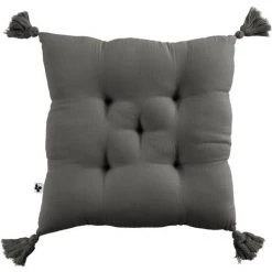 L'EFFET PAPILLON Assise Matelassée 5 Points Avec Pompons Gaze De Coton 40 X 40 Cm Granit Anthracite - Anthracite
