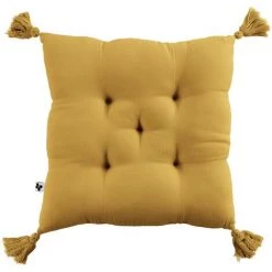 L'EFFET PAPILLON Assise Matelassée 5 Points Avec Pompons Gaze De Coton 40 X 40 Cm Safran Jaune - Jaune