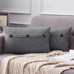 LONGZIMING Lot De 2 Housses De Coussin Décoratif En Lin Housse De Coussin Triple Bouton Taie D'oreiller Vintage Ferme Pour Canapé-lit -France Coussin et housse de coussin Soldes Boutique 27992556 3