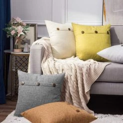 LONGZIMING Lot De 2 Housses De Coussin Décoratif En Lin Housse De Coussin Triple Bouton Taie D'oreiller Vintage Ferme Pour Canapé-lit -France Coussin et housse de coussin Soldes Boutique 27992556 4