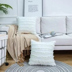 BRIDAY Lot De 2 Housse De Coussin BohCoton Lin Rayé MotifJacquard Taie D'oreiller Jet Housse De Coussi Décoratif Pour Chaise Voiture Canapé Et Lit Salon (Blanc, 45cmx45cm) -France Coussin et housse de coussin Soldes Boutique 28542667 5