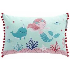 Paris Prix - Coussin à Pompons "petite Sirena" 30x50cm Bleu