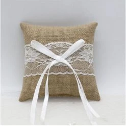 AIDUCHO Coussin Oreiller Porteur De Bague Anneau De Mariage En Toile De Jute Et Dentelle 15cmx15cm
