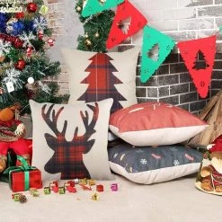 BRIDAY Housse De Coussin Décorative Pour La Maison En Lin Et Lin Pour Canapé, Cerf D'hiver De Noël, écossais Buffalo Plaid, Rouge, 18 "x 18" -France Coussin et housse de coussin Soldes Boutique 35562686 3