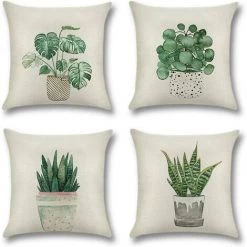 PERLE RARE 4 Morceaux De Housse De Coussin Coton Et Lin 45 X 45 Cm Plantes En Pot