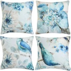 PERLE RARE 4 Pièces De Housse De Coussin Coussin Carré Décoratif Avec Motif De Fleurs Et D'oiseaux 45 X 45 Cm Canapé Voiture Décoration De La Maison Housse De Coussin Bleu