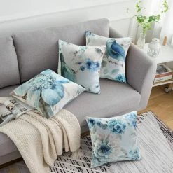 PERLE RARE 4 Pièces De Housse De Coussin Coussin Carré Décoratif Avec Motif De Fleurs Et D'oiseaux 45 X 45 Cm Canapé Voiture Décoration De La Maison Housse De Coussin Bleu -France Coussin et housse de coussin Soldes Boutique 35689806 4
