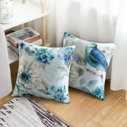PERLE RARE 4 Pièces De Housse De Coussin Coussin Carré Décoratif Avec Motif De Fleurs Et D'oiseaux 45 X 45 Cm Canapé Voiture Décoration De La Maison Housse De Coussin Bleu -France Coussin et housse de coussin Soldes Boutique 35689806 5
