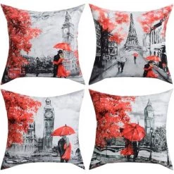 BEARSU 4 Paquets De Taies D'oreiller Couleur Rouge Noir Tour Eiffel Big Ben Couple Moderne Sous Taie D'oreiller Carrée Taie D'oreiller Décorative Décor à La Maison 18 X 18 Pouces
