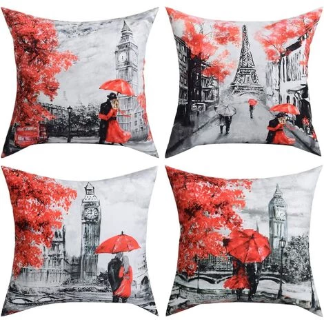 BEARSU 4 Paquets De Taies D'oreiller Couleur Rouge Noir Tour Eiffel Big Ben Couple Moderne Sous Taie D'oreiller Carrée Taie D'oreiller Décorative Décor à La Maison 18 X 18 Pouces 1 BEARSU 4 Paquets De Taies D'oreiller Couleur Rouge Noir Tour Eiffel Big Ben Couple Moderne Sous Taie D'oreiller Carrée Taie D'oreiller Décorative Décor à La Maison 18 X 18 Pouces