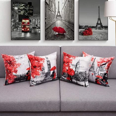BEARSU 4 Paquets De Taies D'oreiller Couleur Rouge Noir Tour Eiffel Big Ben Couple Moderne Sous Taie D'oreiller Carrée Taie D'oreiller Décorative Décor à La Maison 18 X 18 Pouces 2 BEARSU 4 Paquets De Taies D'oreiller Couleur Rouge Noir Tour Eiffel Big Ben Couple Moderne Sous Taie D'oreiller Carrée Taie D'oreiller Décorative Décor à La Maison 18 X 18 Pouces – Image 2