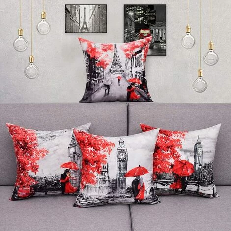 BEARSU 4 Paquets De Taies D'oreiller Couleur Rouge Noir Tour Eiffel Big Ben Couple Moderne Sous Taie D'oreiller Carrée Taie D'oreiller Décorative Décor à La Maison 18 X 18 Pouces 3 BEARSU 4 Paquets De Taies D'oreiller Couleur Rouge Noir Tour Eiffel Big Ben Couple Moderne Sous Taie D'oreiller Carrée Taie D'oreiller Décorative Décor à La Maison 18 X 18 Pouces – Image 3