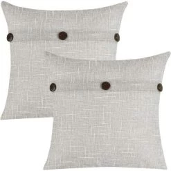 BEARSU Housses De Coussin De Ferme Avec Triple Bouton, Lot De 2 Oreillers Décoratifs En Lin, Taie D'oreiller De Ferme Vintage Pour Canapé, Canapé, Lit Et Chaise, Gris Clair, 18 X 18 Pouces