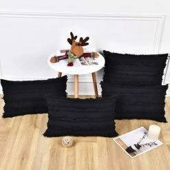 BEARSU Lot De 4 Taies D'oreiller Noires En Coton Et Lin Taies D'oreiller Housse De Coussin Taies D'oreiller Décoratives Pour Canapé-lit, Noir, 12 X 20 Pouces