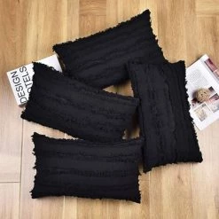 BEARSU Lot De 4 Taies D'oreiller Noires En Coton Et Lin Taies D'oreiller Housse De Coussin Taies D'oreiller Décoratives Pour Canapé-lit, Noir, 12 X 20 Pouces 8 BEARSU Lot De 4 Taies D'oreiller Noires En Coton Et Lin Taies D'oreiller Housse De Coussin Taies D'oreiller Décoratives Pour Canapé-lit, Noir, 12 X 20 Pouces -France Coussin et housse de coussin Soldes Boutique 35895824 4