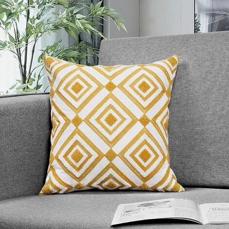 BEARSU Housse De Coussin De Broderie Jaune, Housses De Coussin D'oreillers Décoratifs Pour Voiture De Chaise De Canapé De Chambre, 18 X 18 Pouces 5 BEARSU Housse De Coussin De Broderie Jaune, Housses De Coussin D'oreillers Décoratifs Pour Voiture De Chaise De Canapé De Chambre, 18 X 18 Pouces – Image 5