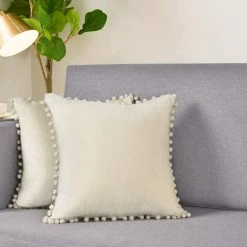 BEARSU Taies D'oreiller En Velours Blanc Crème Avec Pompons, 18 X 18 Pompons En Coton Taies D'oreiller En Velours Housses De Coussin Pour Canapé-lit, Voiture, Ensemble De 2
