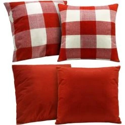 BEARSU Taie D'oreiller En Lin à Carreaux Buffalo 4 Pièces, Taie D'oreiller Carrée Décorative Rustique, Taie D'oreiller D'automne De Noël, Coussin De Maison, 18 X 18 Pouces/ 45 X 45 Cm (rouge)