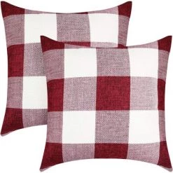 BRIDAY Housses De Coussin à Carreaux Buffalo Check, Lot De 2 Taies D'oreiller Décoratives De Noël Carrées En Lin Housses De Coussin à Carreaux 18 X 18 Pouces Pour Décor De Ferme De Porche - Rouge Et Blanc