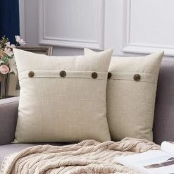 TRIOMPHE Lot De 2 Housses De Coussin Décoratives Carrées En Lin Style Rustique Housses De Coussin En Lin Décor Vintage Pour Coussins Canapé Voiture De Chambre 45X45CM Lait Blanc