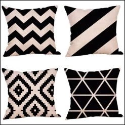 TRIOMPHE Lot De 4 Housses De Coussin Décoratives En Coton Et Lin, Bleu Foncé 45 Cm X 45 Cm, (geometrict Pattern) (Black-beige, 45X45cm)
