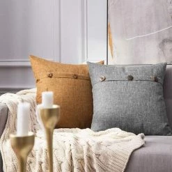 BETTERLIFE Housses De Coussin Décoratives Carrées Style Rustique En Lin Housses De Coussin En Lin Décor Avec Boutons Décoratifs Pour Sofa Chambres à Coucher Maison Gris Foncé 50X50CM,2 Pièces -France Coussin et housse de coussin Soldes Boutique 37660735 4