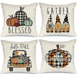 TRIOMPHE Couvertures D'oreillers D'automne 18x18 Ensemble De 4 Pour Farmhouse Farmhouse Thanksgiving Buffalo Vérifiez Plaid Gnomes Pumpkin Outdoor Coussins Décoratifs Coussins D'automne Coussin De Coussin D'automne Pour Canapé