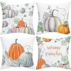 TRIOMPHE Coussins De Coussin D'Halloween, Coussin De Coussin De Citrouille 45x45 4 Pack, Coussins D'halloween Super Doux Pour Canapé, Lit, Chaise Et Voiture (citrouille Verte Grise)
