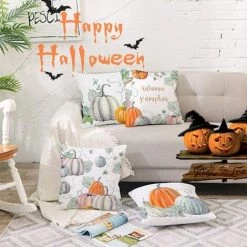 TRIOMPHE Coussins De Coussin D'Halloween, Coussin De Coussin De Citrouille 45x45 4 Pack, Coussins D'halloween Super Doux Pour Canapé, Lit, Chaise Et Voiture (citrouille Verte Grise) -France Coussin et housse de coussin Soldes Boutique 38222366 3