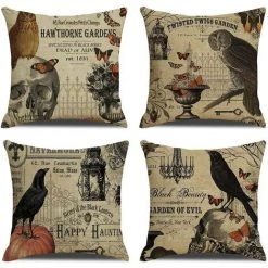 ECHOO Lot De 4 Housses De Coussin D'halloween Vintage Pour Hibou/corbeau/citrouille/crâne Housses De Coussin Housses De Coussin D'halloween 18 X 18 Pouces