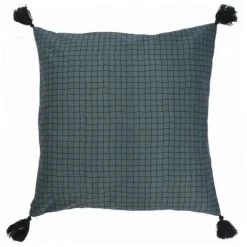 MOORISH IDOL CARO - Housse De Coussin - Imprimé Petits Carreaux - Style Vintage - 4 Pompons - 100% Coton - Carrée - 50X50 CM - Pétrole Whashed Black Pompons Washed Black