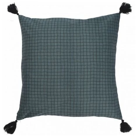 MOORISH IDOL CARO - Housse De Coussin - Imprimé Petits Carreaux - Style Vintage - 4 Pompons - 100% Coton - Carrée - 50X50 CM - Pétrole Whashed Black Pompons Washed Black 1 MOORISH IDOL CARO - Housse De Coussin - Imprimé Petits Carreaux - Style Vintage - 4 Pompons - 100% Coton - Carrée - 50X50 CM - Pétrole Whashed Black Pompons Washed Black
