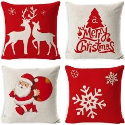 ECHOO 4 Pièces De Taie D'oreiller De Noël Housse De Coussin En Coton Et Lin Dessin Animé Mignon Décoration D'oreiller De Noël Canapé De Voiture 45x45 Cm (noyau D'oreiller Non Inclus)A