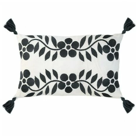 MOORISH IDOL MATISSE - Housse De Coussin Brodée - Motif "Chaine De Fleurs" Et Pompons - Fabrication Artisanale En Inde - Lavable En Machine 30°C - Rectangulaire - 50x30 CM - Noir 1 MOORISH IDOL MATISSE - Housse De Coussin Brodée - Motif "Chaine De Fleurs" Et Pompons - Fabrication Artisanale En Inde - Lavable En Machine 30°C - Rectangulaire - 50x30 CM - Noir