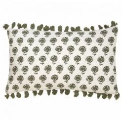 MOORISHIDOL POESY - Housse De Coussin - Imprimé Fleuri Et Pompons - Fabrication Artisanale En Inde - Lavable En Machine 30°C - Rectangulaire - 50x30 CM - Kaki