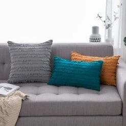 SUN FLOWER 2 Pièces Décoratif Boho Coussin Couvre Lin Rayé Jacquard Motif Housses De Coussin Pour Canapé Canapé Salon Chambre Gris Clair -France Coussin et housse de coussin Soldes Boutique 40397993 3