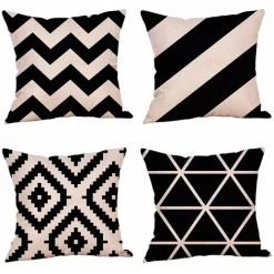 GUAZHUNIFR Lot De 4 Housses De Coussin Décoratives En Coton Et Lin, Bleu Foncé 45 Cm X 45cm, (geometrict Pattern) (Black-beige, 45X45cm)