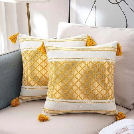 BEARSU Lot De 2 Housse De Coussin Boheme Moderne Carrée Taie D'oreiller Décorative Tissée Jacquard Pour Salon Canapé Chambre 50 X 50 Cm, Jaune 1 BEARSU Lot De 2 Housse De Coussin Boheme Moderne Carrée Taie D'oreiller Décorative Tissée Jacquard Pour Salon Canapé Chambre 50 X 50 Cm, Jaune