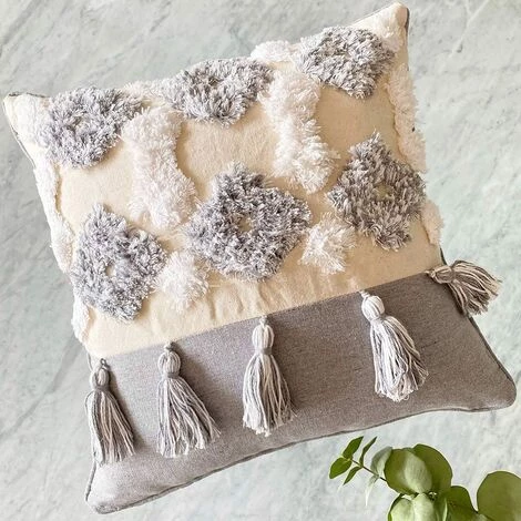 BEARSU Housse De Coussin Tissée à Franges Style Bohème -Blanc/Gris, Coton, Pompon De , 45x45cm 1 BEARSU Housse De Coussin Tissée à Franges Style Bohème -Blanc/Gris, Coton, Pompon De , 45x45cm