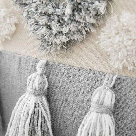 BEARSU Housse De Coussin Tissée à Franges Style Bohème -Blanc/Gris, Coton, Pompon De , 45x45cm 3 BEARSU Housse De Coussin Tissée à Franges Style Bohème -Blanc/Gris, Coton, Pompon De , 45x45cm – Image 3