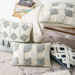 BEARSU Housse De Coussin Tissée à Franges Style Bohème -Blanc/Gris, Coton, Pompon De , 45x45cm 8 BEARSU Housse De Coussin Tissée à Franges Style Bohème -Blanc/Gris, Coton, Pompon De , 45x45cm -France Coussin et housse de coussin Soldes Boutique 42802311 4