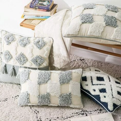 BEARSU Housse De Coussin Tissée à Franges Style Bohème -Blanc/Gris, Coton, Pompon De , 45x45cm 4 BEARSU Housse De Coussin Tissée à Franges Style Bohème -Blanc/Gris, Coton, Pompon De , 45x45cm – Image 4